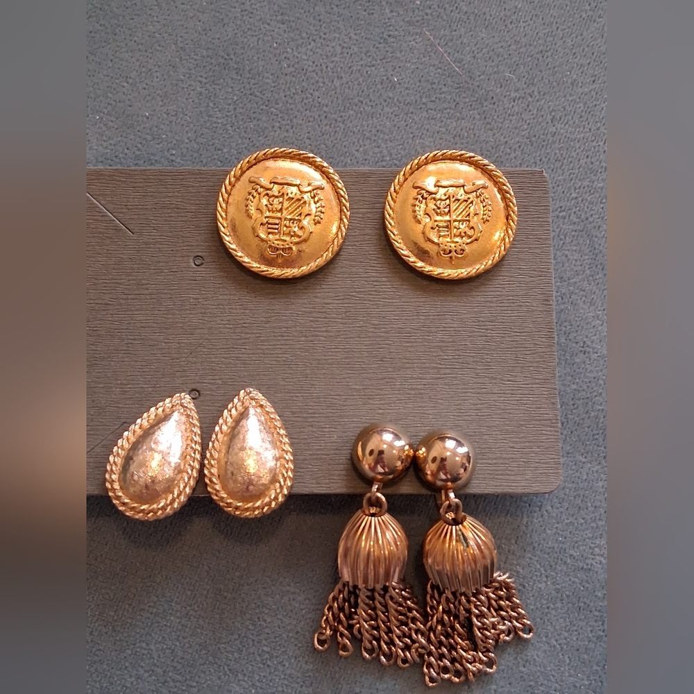 Estate Gold-Tone Button, Teardrop and Tassel Earring Trio